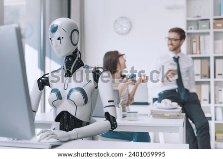Efficient AI robot working in the office and lazy employees having a coffee break