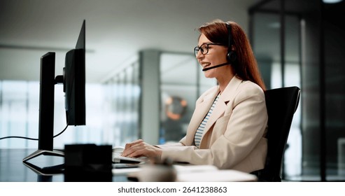 Efficient Customer Care: Smiling Call Center Agent In Busy Office