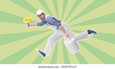 Efficient fast decorator and house painter holding work tools and running, banner with copy space