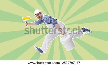 Efficient fast decorator and house painter holding work tools and running, banner with copy space