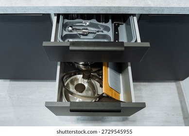 Efficient Home Organization Solution, Practical Kitchen Layout With Nested Items And Storage Tools, Welldesigned Kitchen Space Demonstrating Effective Storage For Cookware And Utensils
