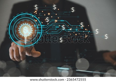 Efficient and secure payment method for online shopping. Woman completes transaction with credit card app through laptop computer. Digital money transfer