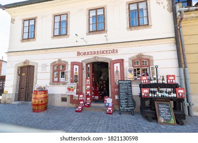 Eger, Hungary - August 2020: Wine trading house in the old center of Eger in Hungary. The city and surroundings are famous for its wine.
