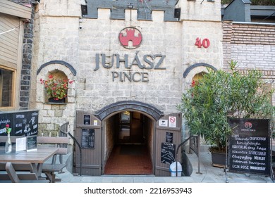 Eger, Hungary – October 17, 2022. Juhasz Pince Wine Cellar At The Valley Of The Beautiful Women In Eger, Hungary. Exterior View Of Cellar With The Entrance Door, Tables And Board With A List Of Wines.