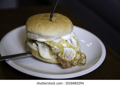 Egg And Bacon Burger In Restaurant, Fast Food Insane