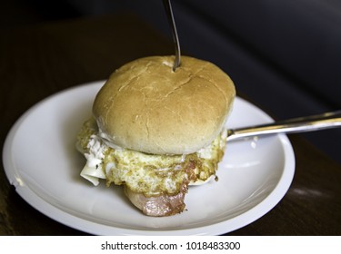 Egg And Bacon Burger In Restaurant, Fast Food Insane