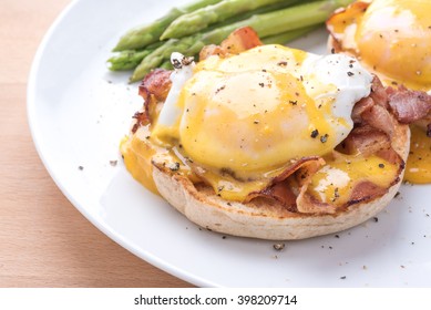 Egg Benedict,on The White Dish,close Up