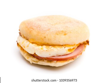 Egg, Canadian Bacon And Cheese Breakfast Sandwich On A White Background