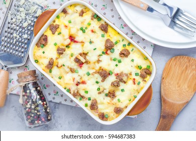 Egg Casserole With Potatoes, Sausage And Pepper, In Baking Dish, Horizontal, Top View