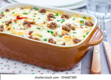 Egg Casserole With Potatoes, Sausage And Pepper, In Baking Dish, Horizontal