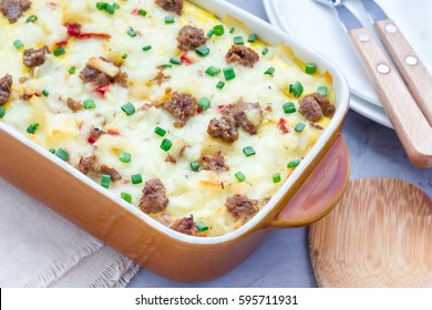 Egg Casserole With Potatoes, Sausage And Pepper, In Baking Dish, Horizontal