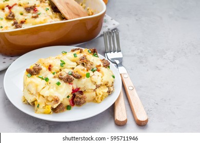 Egg Casserole With Potatoes, Sausage And Pepper, In Baking Dish, Horizontal, Copy Space