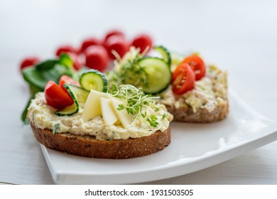 Egg Cheese Ham Dip, Spread On Open Finger Food Sandwich With Salad, Tomato Vegetables 