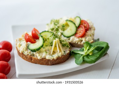 Egg Cheese Ham Dip, Spread On Open Finger Food Sandwich With Salad, Tomato Vegetables 