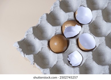 Egg and cracked eggshell on paper tray with beige orange background. Top view single egg and dry eggshell with copy space for recycling, fragility, broken, paper texture, panel, and organic concepts. - Powered by Shutterstock