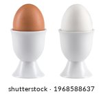 Egg in Egg cup. Ceramic eggcup for breakfast. Holder stand for boiled or raw chicken eggs on white isolated background. Macro close-up photography.