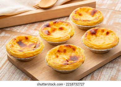 Egg Custard Tart Dessert On Wooden Plate