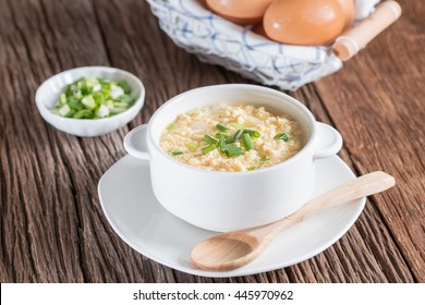 Egg Drop Soup In White Bowl.