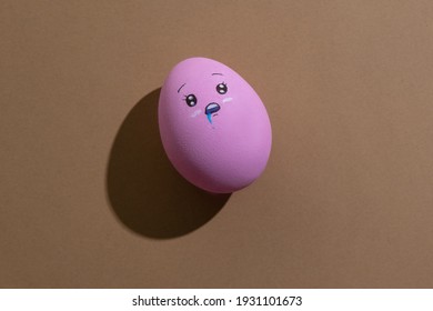 Egg Face. Hungry Yummy. Food Decor. Conceptual Art. Character Expression. Pink Figure With Wide Opened Eyes And Drooling Isolated On Beige.