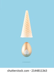 Egg Gold Dropped Out Of Ice Cream Cone Flying Above. Easter Aesthetic Food Design Concept Idea. Holiday Spring Sunny Moment