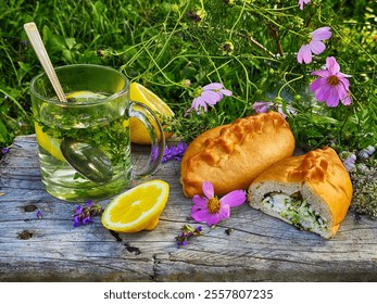 egg and green onion pie and lemon tea - Powered by Shutterstock