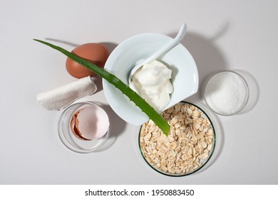 Egg White Face Mask Ingredients. Whipped Egg White, Aloe, Sugar, Oatmeal. Top View.