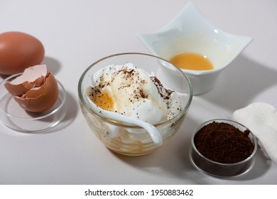 Egg White Face Mask Ingredients. Whipped Egg White, Honey, Coffee Grounds.