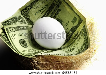 egg in a nest with cash, symbolizing retirement or money saving