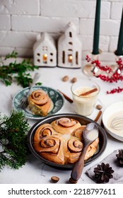 Egg Nog Cinnamon Buns in Christmas Background