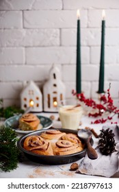 Egg Nog Cinnamon Buns in Christmas Background