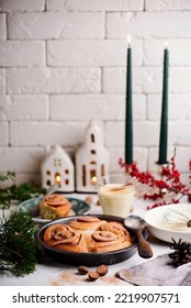 Egg Nog Cinnamon Buns in Christmas Background