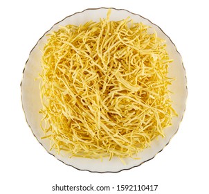 Egg Noodles In Glass Plate Isolated On White Background. Top View