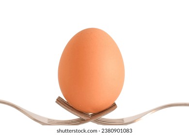 An egg is placed on top of two forks with a white background.