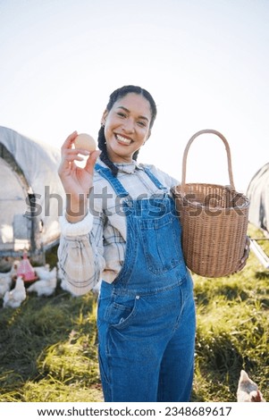 Egg, portrait and happy woman farming chicken in countryside for eco friendly dairy production. Natural sustainability, small business owner or proud farmer with animals on field or organic barn