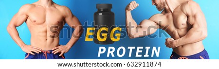 Egg protein concept. Muscular man and jar of food supplement on color background