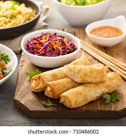 Egg Rolls With Cabbage, Chicken, Rice And Cole Slaw, Asian Food Concept