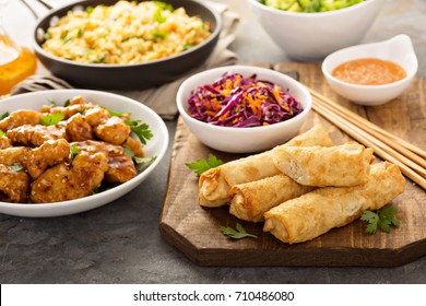 Egg Rolls With Cabbage, Chicken, Rice And Cole Slaw, Asian Food Concept