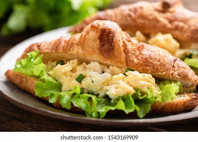 Egg Salad Croissant Sandwich On Plate, Closeup View