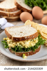 Egg Salad And Lettuce Sandwich On Whole Grain Bread With Potato Chips On A Plate