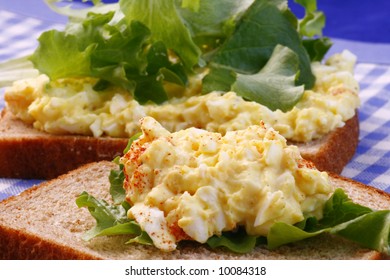 Egg Salad On Whole Wheat Bread Slices On A Blue Checked Place-mat