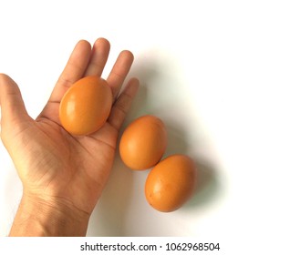 Egg Three Fram Fresh Brown White Background Food Hand