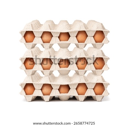 Egg Tray Stack Isolated, 30 Brown Eggs Pack, Pile of Fresh Organic Eggs in Paper Containers on White Background Side View