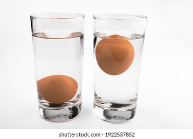 Egg in water test on transparent glass , Egg freshness test on white isolated background 