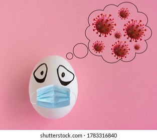 Egg Wearing Mask To Prevent Coronavirus Covid 19 Pandemic, Social Phobia To Get Infected By Corona Virus Illness Concept