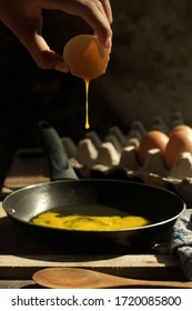 Egg Yolk, Drip When Poured Onto The Pan, With Hand In Frame.  Close Up.  Selective Focus.