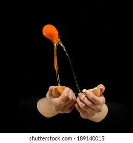 Egg Yolk Dripping On Black Background.