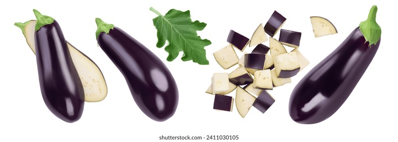 Eggplant or aubergine with diced isolated on white background. Top view, flat lay
