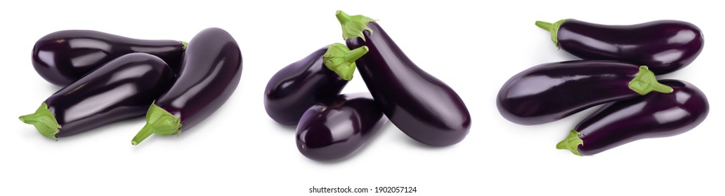 Eggplant or aubergine isolated on white background with clipping path and full depth of field. Set or collection