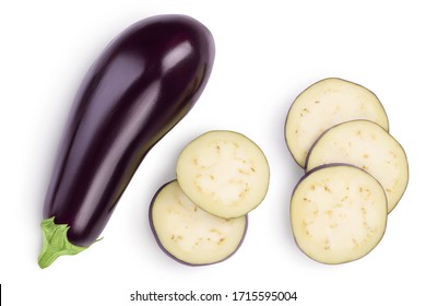 Eggplant or aubergine with slices isolated on white background. Clipping path and full depth of field. top, view, flat lay