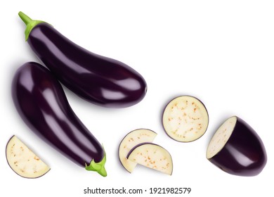Eggplant or aubergine with slices isolated on white background with copy space for your text. Top view, flat lay